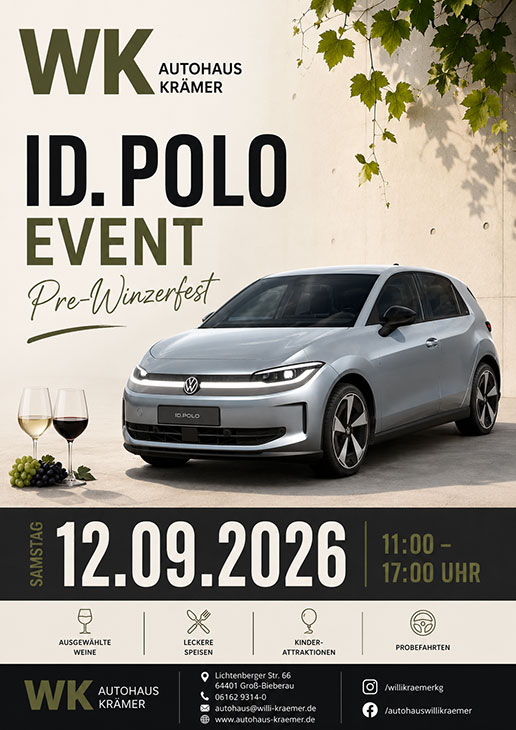 Im Mittelpunkt steht ein silberfarbener Volkswagen Polo, der schräg von vorn auf einem hellen Untergrund präsentiert wird. Im oberen Bereich sind das Logo und der Schriftzug von »WK Autohaus Krämer« zu sehen. Darunter steht in großer Schrift »ID. POLO EVENT« und »Pre-Winzerfest«. Im unteren Bereich sind das Datum »12.09.2026« und die Uhrzeit »11:00 – 17:00 Uhr« hervorgehoben. Links unten werden vier Programmpunkte mit kleinen Symbolen aufgelistet: »Ausgewählte Weine«, »Leckere Speisen«, »Attraktive Aktionen« und »Probefahrten«. Am unteren Rand befinden sich die Adresse, Kontaktdaten und Social-Media-Icons des Autohauses.